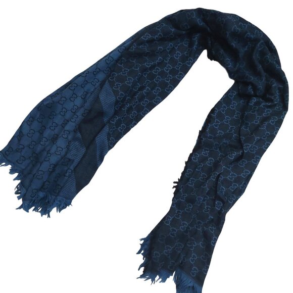 Gucci Vintage Blue Dual-Tone Reversible Monogram Stripe Shawl Wrap - Picture 2 of 8
